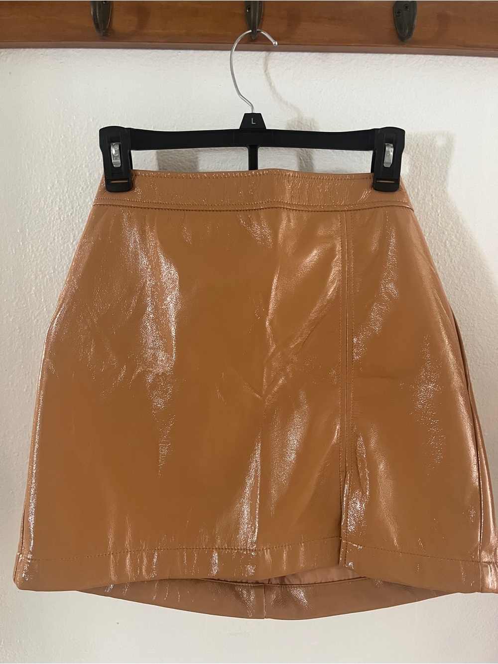 Shinestar Shiny Camel Faux Leather Mini Skirt